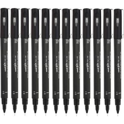 NEW 12x Uni-Ball 200 Pin Fineliner Pen 0.1mm Thin Black Box