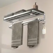 Bathroom Towel Rack Towel Shelf with Double Towel Bars Lavatory Wall Mount Ho...