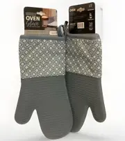 Evriholder Products (2) 1 Pair Cloth With Silicone Oven gloves Grey & White New
