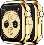 2 Pack HANKN Case 44mm for Apple Watch Series 6 5 4 SE 44mm Tempered Glass Screen Protector Case, Plated Hard PC Full Coverage Cover Shockproof Iwatch Bumper (Gold+Gold, 44mm)