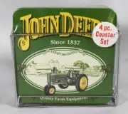 JOHN DEERE Four Piece Cork Coaster Set With Metal Holder 4x4 inch NEW in Package