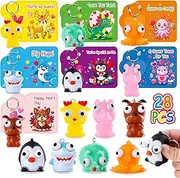 MGparty 28 Pack Valentines Day Squishy Toys Keychains with Cards, Popping Eyes Animal Keychains Bulk for Kids School Classroom Valentines Exchange Gifts