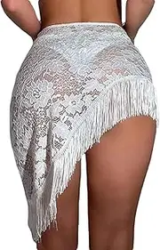 [Generic] Women's Floral Fringe Trim Mesh Sheer Summer Bikini Cover Up Skirt