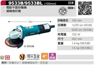 電動平面砂輪機 MAKITA 牧田 9533BL 砂輪機 100mm 電動 平面砂輪機 砂輪片 機身細 好握 日本製【璟元五金】