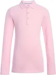 [Tommy Hilfiger] Long Sleeve Fit Stretch Pique Polo, Big or Little Girls, Kids School Uniform Clothes, Breathable with Heat Label Interior Tag for Comfort - Light Pink, Size S7