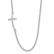 Sterling Silver Rh-Plated Large Off-Set Sideways Curved Cross Necklace