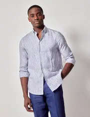 Hawes & Curtis Navy & White Stripe Pure Linen Slim Shirt | Button Down Collar Size: XL