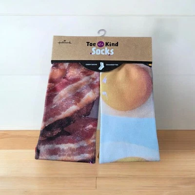 Hallmark Toe of a Kind Crew Mismatched Socks Bacon & Eggs OSFM
