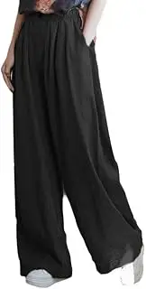 [FTCayanz] Women's Linen Pants Wide Leg Palazzo Pants Summer Casual Elastic Waist Trousers with Pockets, Black, Large