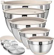Umite Chef Mixing Bowls with Airtight Lids Set, 8PCS Stainless Steel Khaki Nesting Bowls with Grater Attachments, Kitchen Bowls with Non-Slip Bottoms, Size 5, 4, 3.5, 2, 1.5QT for Mixing & Serving