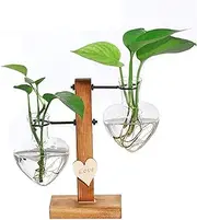 Feitore Plant Terrarium with Wooden Stand, Heart Shaped Glass Hydroponic Vases Modern Plant Propagation Station Desktop Planter Bulb Vase with Holder Home Garden Office Decoration