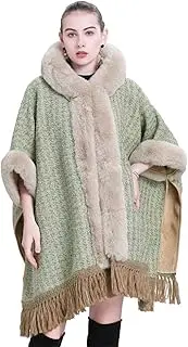 [Generic] Ladies Hooded Shawl Cape Cloak Poncho with Faux Fur Wrap Stole Oversize Tassel Cardigan Coat for Autumn Winter