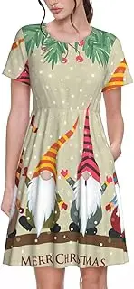 [EdWal] Christmas Gnomes Print Womens Sundress Summer Floral Short Sleeve Wrap Round Neck A-Line Midi Dress Summer