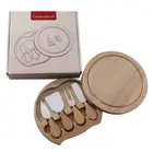 NNEDSZ Brown And Silver Compact Round Rubberwood Cheese Board Set | 4 Stainless