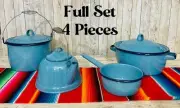 Enamel Camping Pot Set 2 Pots 1 Coffee Pot & 1 Frying Pan Set De Peltre