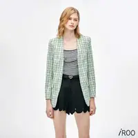 在飛比找momo購物網優惠-【iROO】綠色交織駝色格紋西裝外套
