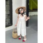 韓版女童夏季拼接氣質簡約白色牛百葉甜美蕾絲蛋糕公主裙吊帶長裙