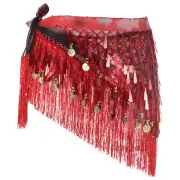 Belly Dance Hip Scarf with Tassels Sequin Coin for Party(Red)