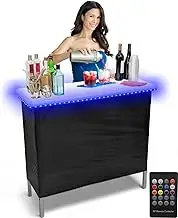 PartyPongTables.com Folding Portable Party Bar w/Color-Changing LED Lights, Black & Hawaiian Bar Skirts, and Storage Shelf - Single Set