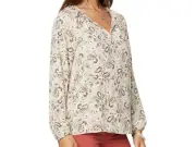 NYDJ / Peasant Blouse Top V-Neck Tie / Tan Brown Paisley Semi-Sheer / Size S