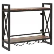 Wall Mounted Wine Rack with 2-Tier Shelves and 3 Glass Holders