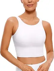 [CRZ YOGA] Womens Butterluxe High Neck Longline Sports Bra - U Back Padded Crop Workout Tank Top with Built in Bra