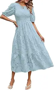 [MEROKEETY] Women's 2024 Summer Puff Sleeve Smocked Floral Dress Crewneck Lace Flowy Tiered Midi Dresses
