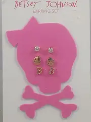 Betsey Johnson Goldtone Rhinestone Smiley Face Initial B Stud Earrings 3 Pc Set
