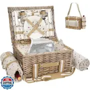 19Pcs Picnic Basket for 2 with Blanket - Wicker Picnic Basket with Strap,Wine