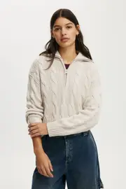 [Cotton On Women] Cotton On Women - Cotton Cable Half Zip Pullover - Oatmeal cable L OATMEAL CABLE