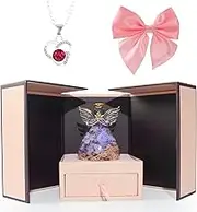 Preserved Rose Bouquet Gift Set with Glass Dome & Necklace - Purple for Mom, Girlfriend, Wife, Daughter & Her- Anniversary, Birthday, Thanksgiving,Wedding Gifts -Romantic Jewelry Present for Your Love