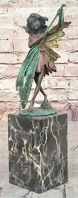 Bronze Fairy Holding Leaf Marble Base signed by Milo Mythical Figurine Sculpture