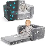 Playpals 2-in-1 Convertible Kids Sofa, Flip-Out Sofa Bed - Transforms from Couch to Lounger with Starry Glow-in-The-Dark Designs, Removable & Washable Cover, Perfect for Boys and Girls, Grey