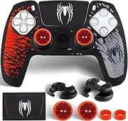 Silicone Skin Cover& Sticker x 1 & No Falling off Thumbstick x 2 for PS5 Controller Spider Edition