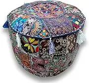 Decorative Blue Multi Patch Indian Hippie Embroidery Vintage Cotton Floor Pillow & Cushion Patchwork Bean Bag Chair Cover Boho Bohemian Hand Embroidered Handmade Pouf Ottoman Cover (18X13 inch)