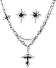 [Tomovely] Star Gothic Cross Stainless Steel Necklace Earrings Men's Jewelry Set Black Zircon Liquid Metal Pendant