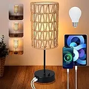 Touch Bedside Lamp for Bedroom 3-Way Dimmable Boho Small Table Lamp for Nightstand with Rattan & Linen Shade