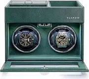Vlando Automatic Double Watch Winder - Watch Winder Box with Men Jewelry Organizer Tray, Japanese Quiet Motor, LED Light, Adjustable Watch Pillows - Green