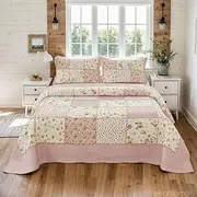 Brandream Pink Rose Floral Patchwork Quilts Cotton Queen Size Quilted Comforter Set Rustic Country Coverlet Bedspread Set 3-Piece