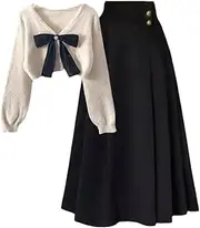 [Generic] Women's Skirt Set Solid Long Sleeved Knitwear Tops And Casual All Match Half Skirt Two Piece Set