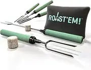 Extendable Rotating Marshmallow Roasting Sticks Set of 5 Telescoping Forks - Free Bag Safe, Fun Smores & Hot Dog Stainless Steel Long Camping Skewers Campfire BBQ Cookware Accessories