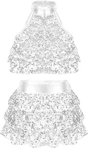 [Choomomo] Girls Latin Jazz Dance Outfits Shiny Sequins Halter Tassel Crop Top with Mini Skirt Set Dancewear