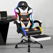 ALFORDSON Gaming Chair Office Massage 12 RGB LED PU Leather Black & White