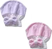 2 Pack Microfiber Hair Drying Towels, Super Absorbent Turban Hair Towel Cap, Quick Dry Head wrap with Bow-Knot Shower Cap for for Curly, Long, Thick Hair & Wet Hair (Pink，Purple, 25 * 23CM)