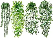 Artificial Hanging Plants for Shelf, 4 Pack Fake Potted Greenery Faux Eucalyptus Vine, Mandala Vine, String of Pearls,Pea pod Leaves in Pot for Office Living Room Bathroom Indoor Outdoor Décor