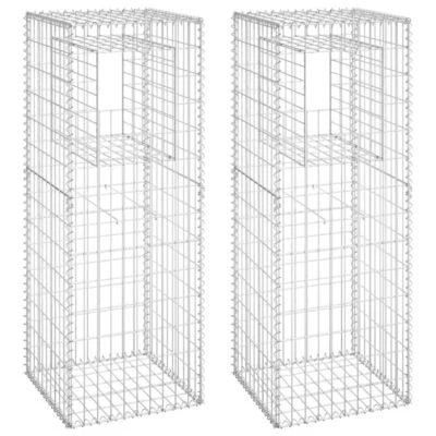 2 Pcs Gabion Posts With Top And Bottom Covers Stone Wall Cage 50x50x140cm Iron
