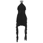 Halter Neck Plain Asymmetrical Mesh Panel Ruffle Trim Open Back Mini Bodycon Dress Black - M