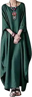 [Jacansi] Women Summer Stripe Long Sleeve V-Neck Cotton Linen Plus Size Kaftan Dress S-5XL