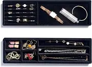 Lolalet 2 Set Slim Velvet Ring Tray for Jewelry, Catch All Tray for Entryway, Stackable Jewelry Organizer Trays for Dresser Drawer Insert Showcase Display Closet Storage -Black