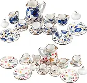Geiserailie 2 Set 1:12 Dollhouse Miniature Porcelain Tea Cup 30 Pieces Mini Flowers Pattern with Golden Trim Teapot Cup Plate Dollhouse Kitchen Accessories